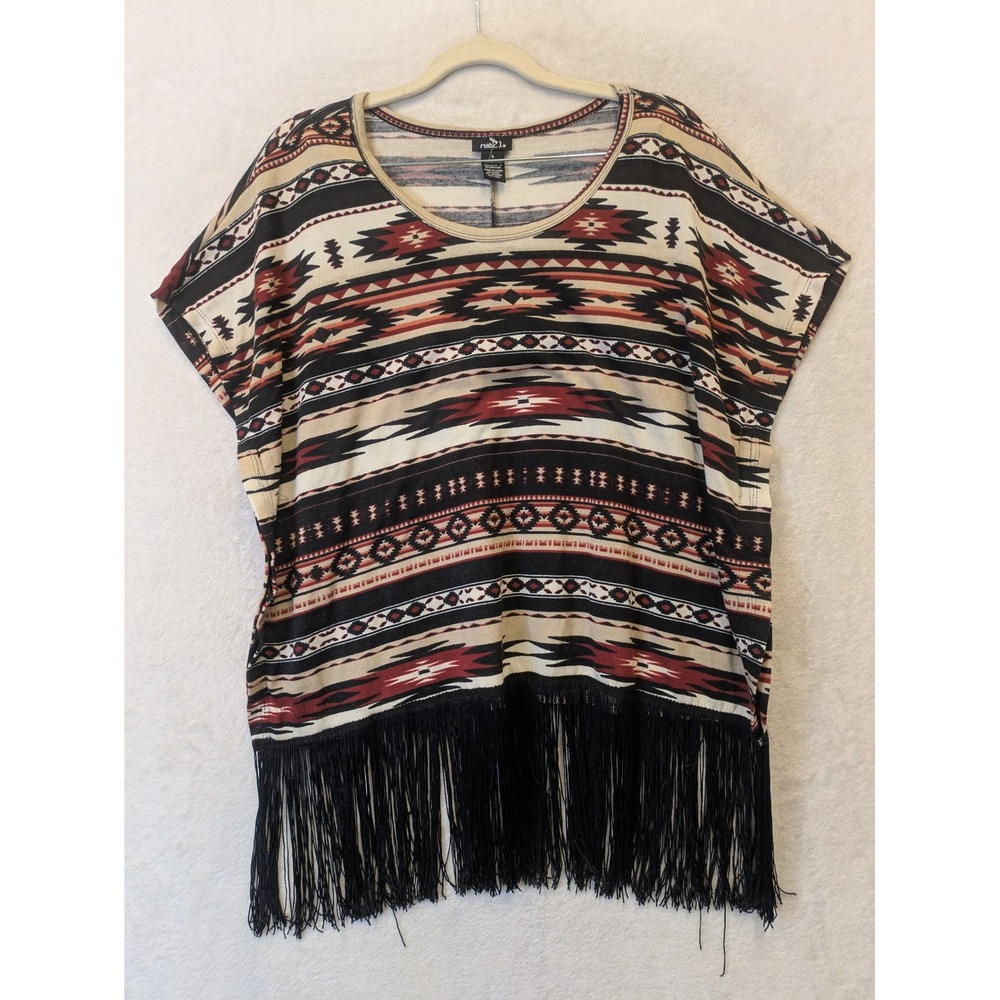 Rue21 Women's Size S Southwestern Aztec Print Fringe Hem Poncho‎ Top Tan Black